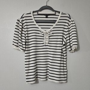 Lauren Ralph Lauren Striped Waffle Knit Puff Sleeve Top Cream/French Navy XL